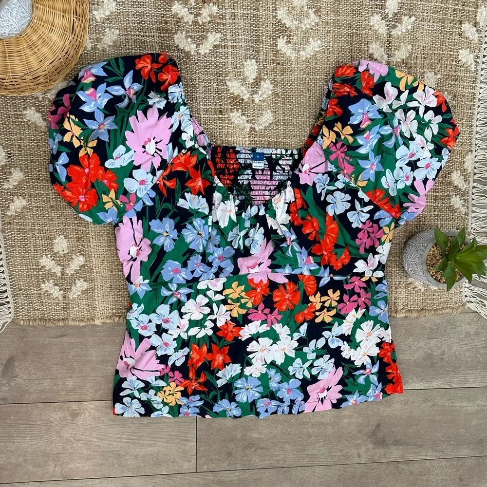 New Old Navy Women's Multicolor Floral Puff Sleeve Blouse Women’s Size XL